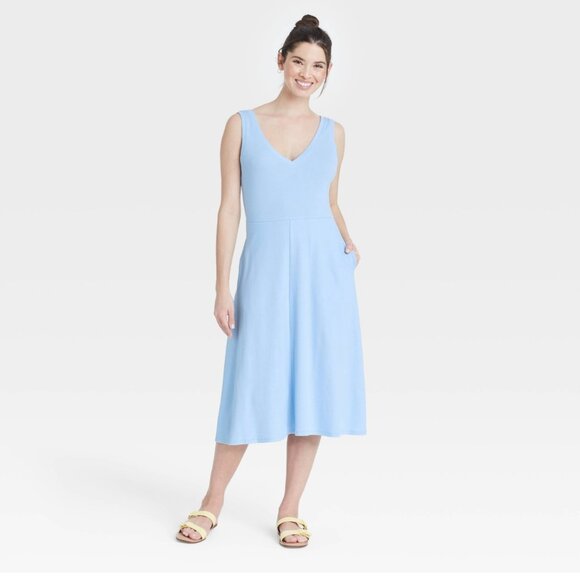 A New Day Dresses & Skirts - New Fit Flare Midi Dress XXL Blue Stretchy New V-Neck Minimalist Quiet Luxury
